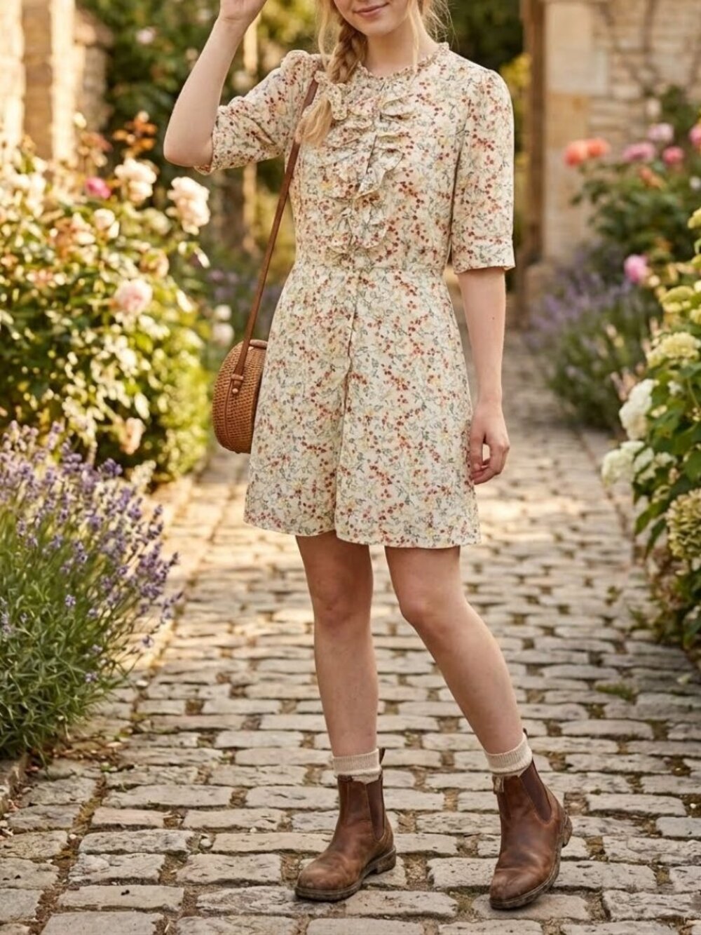 Zara The Tiffany Dress Floral Ruffle Bib Mini Size L Cottagecore Romantic Boho